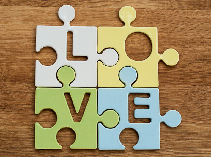 Puzzle Piece V - &quot;Love-letters&quot; 3d printed 4 puzzle pieces combined to write the word &quot;love&quot;.