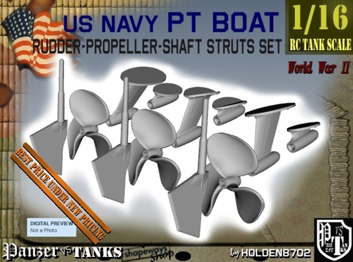 1-16 PT Elco Rudder-Propeller-Shaft Strut Set1 3d printed