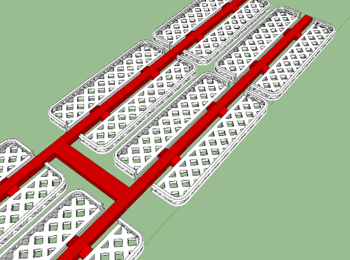 HO Pullman Parlor Car Luggage Racks Set 3d printed Red-shaded areas represent sprues that must be removed.