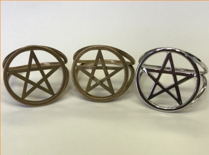Pentacle ring (customize) 3d printed A choice of metals: raw brass, raw bronze, polished rhodium over brass.
