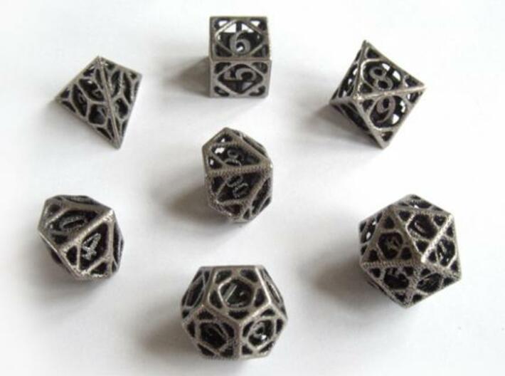 Cage Dice Set with Decader 3d printed In stainless steel and inked