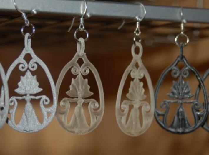 Art Nouveau Goddess of Progress Earrings 3d printed Alumide, Translucent Detail and Black Detail.