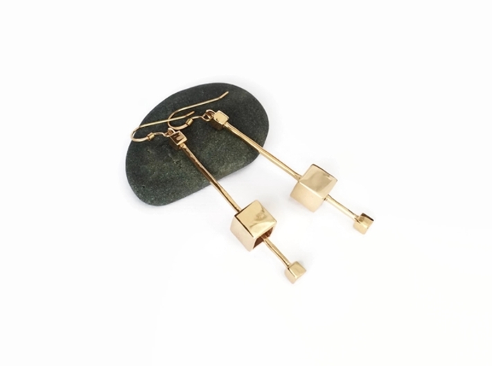 Dangling Cube Earrings - Minimal Geometric Jewelry 3d printed Illusion earrings in bronze