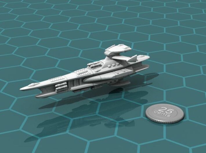 Novus Regency Missile Cruiser 3d printed Render of the model, with a virtual quarter for scale.