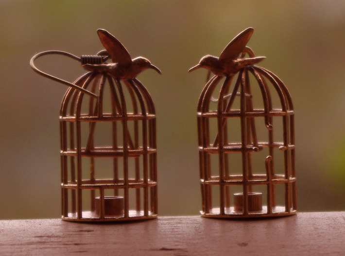 Flown the coop 3d printed Bird cage earrings printed in bronze
