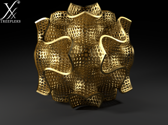 Schwartz D large (7.5 cm diameter) 3d printed Gold polished steel, Cycle render.