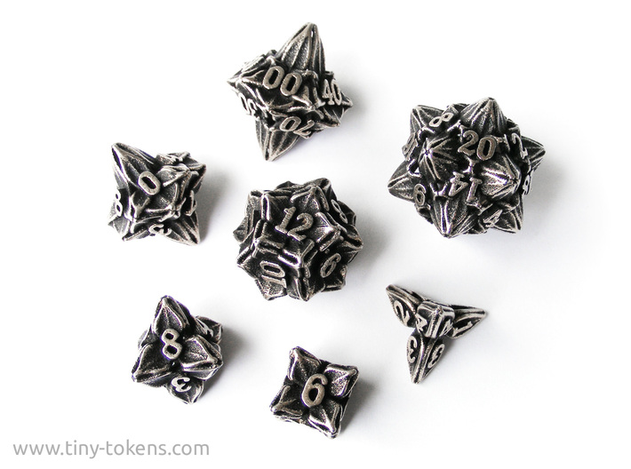 Floral Dice - Gaming Set + 10D10/decader (7 dice) 3d printed Stainless steel  'inked' in black