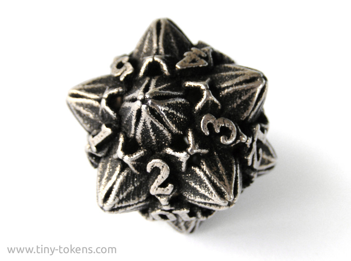 Floral Dice – D20 Spindown Life Counter die 3d printed Stainless steel 'inked' with black