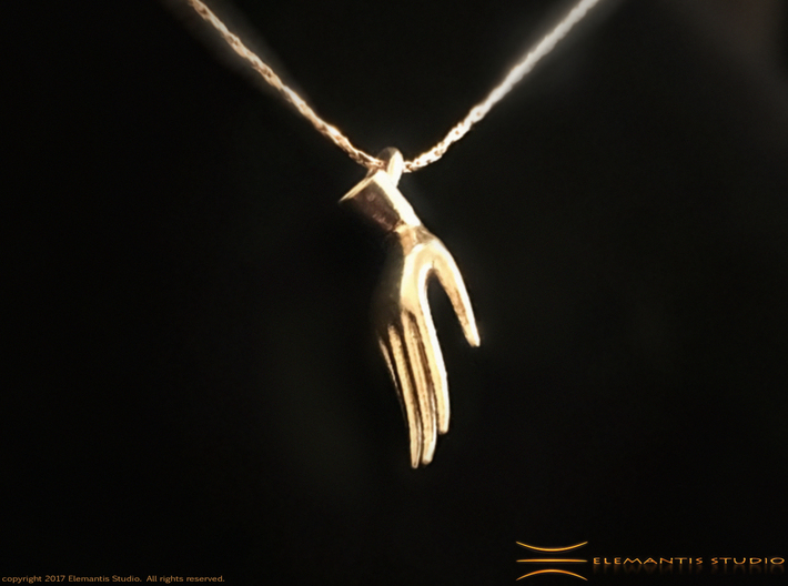 Varada Mudra Pendant/Charm 2.5cm 3d printed Raw brass with Gold chain on Black fabric  (Chain not included)