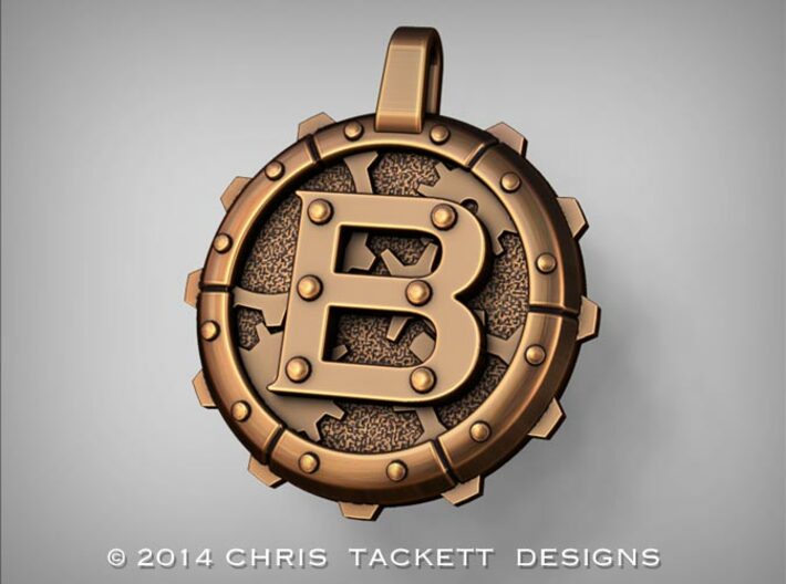 Steampunk Monogram Pendant &quot;B&quot; 3d printed ZBrush Rendering approximating a bronze finish. Actual Bronze finish may look a bit different.