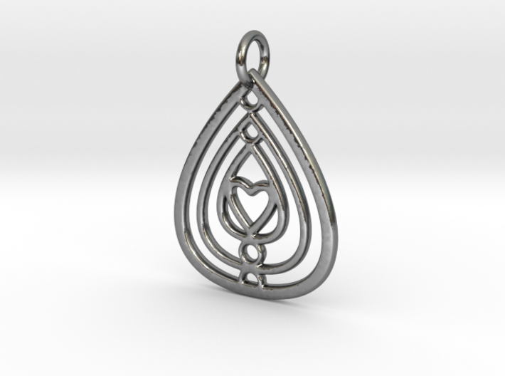 Mama's Milk Drop Pendant; Circle and Heart 3d printed Polished Silver