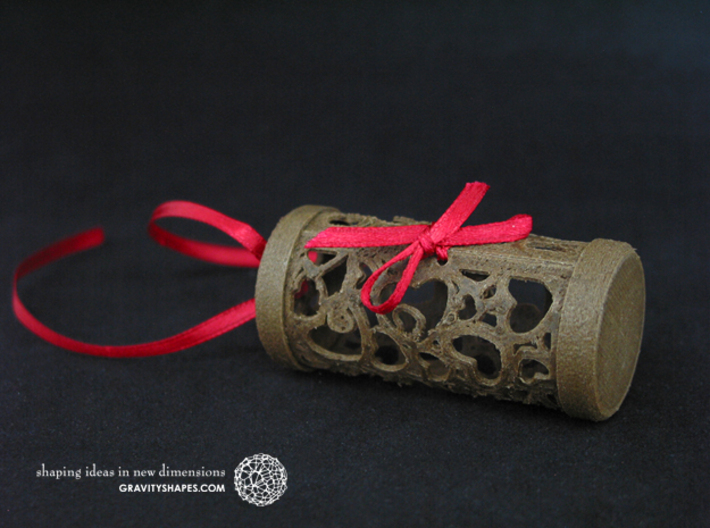 Filigree Gift roll small with Hearts (6 cm) 3d printed The photo shows an own print (FDM print) from a very similar roll made of brown wood incl. decorative lacing.
