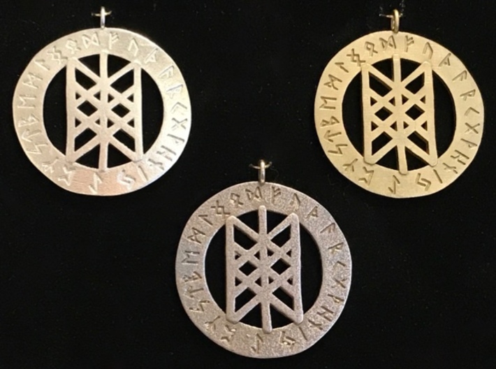 Rune Pendant - Web of the Wyrd 3d printed Web of the Wyrd Rune pendant. Clockwise from upper left: raw silver, raw brass, stainless steel.