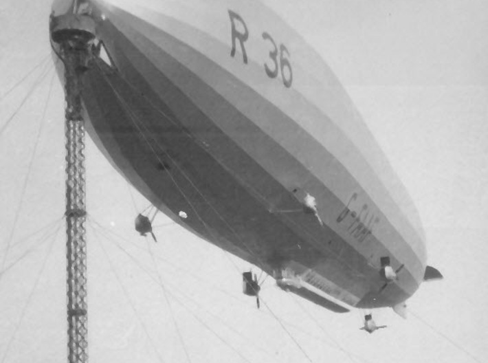 R36 in 1/700 or 1/600 scale 3d printed R36 at the 120ft high mast (with no lift!)  at Pulham, Norfolk, England (photo: Airship Heritage Trust)