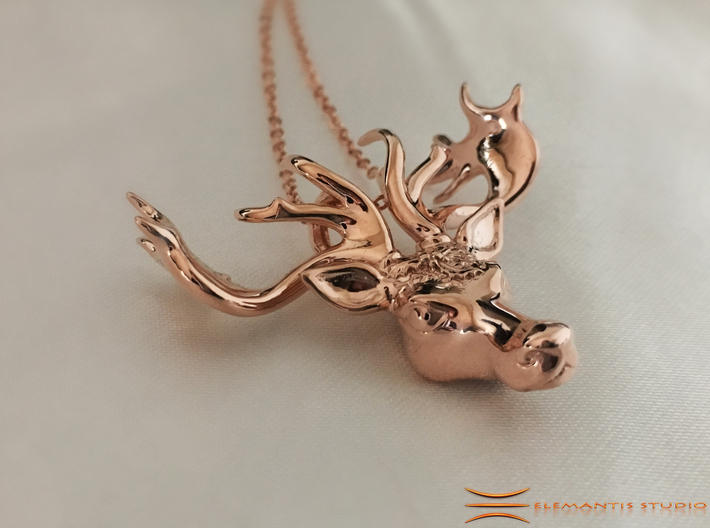 Mistletoe Reindeer Pendant/ Ornament 3d printed Rose gold plated brass on white silk (Chain not included)