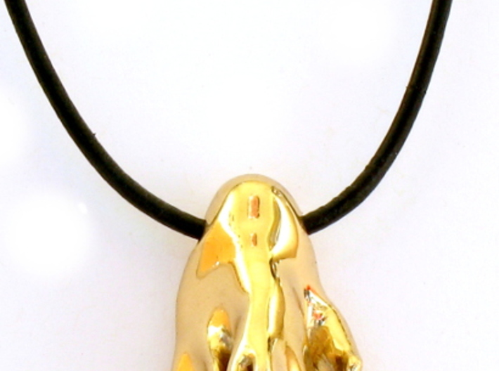 Cahn-Hilliard droplet pendant 3d printed Pendant printed in polished brass on leather cord -- front