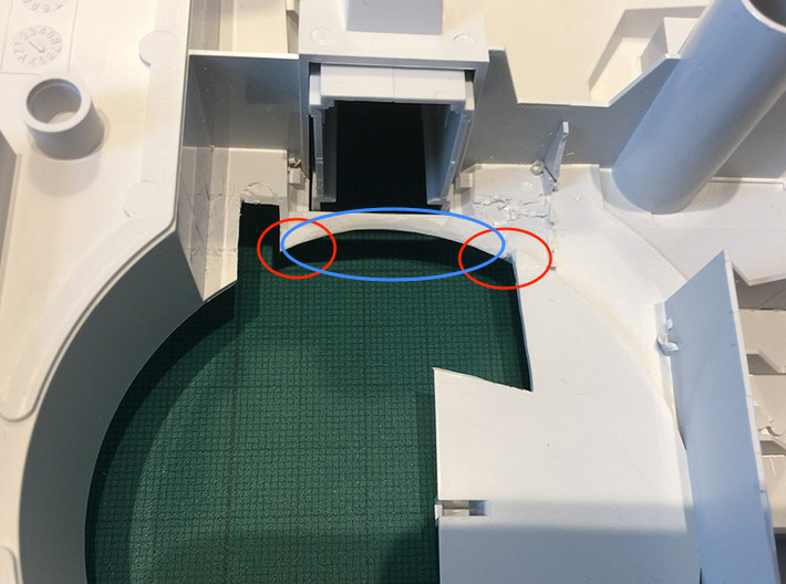 Perfect Grade Falcon, 1:72 Ramp Hall 3: Lights 3d printed Step 3: Shave the area in blue. Be EXTRA CAREFUL at the areas marked in red!