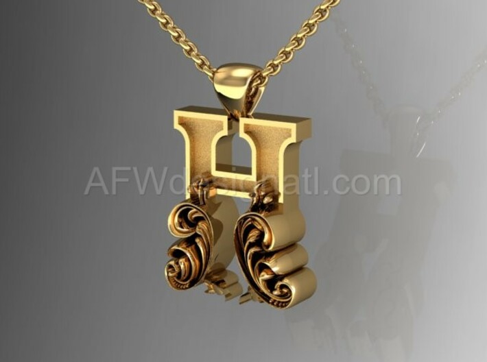 Scroll Letter H – Initial Letter Pendant 3d printed H Scroll Yellow Gold