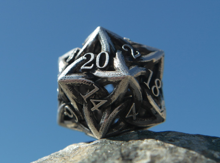 Celtic D20 3d printed Printed in Raw Silver and Inked