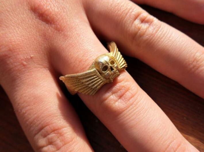 Winged Skull Ring 3d printed Gold Painted Stainless Steel
