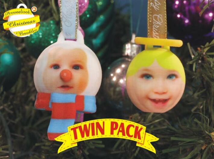Angel &amp; Snowman baubles twin pack (personalised)3D 3d printed front view