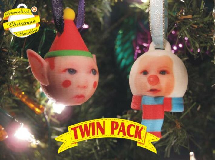 Elf &amp; Snowman baubles twin pack (personalised) 3D 3d printed front view