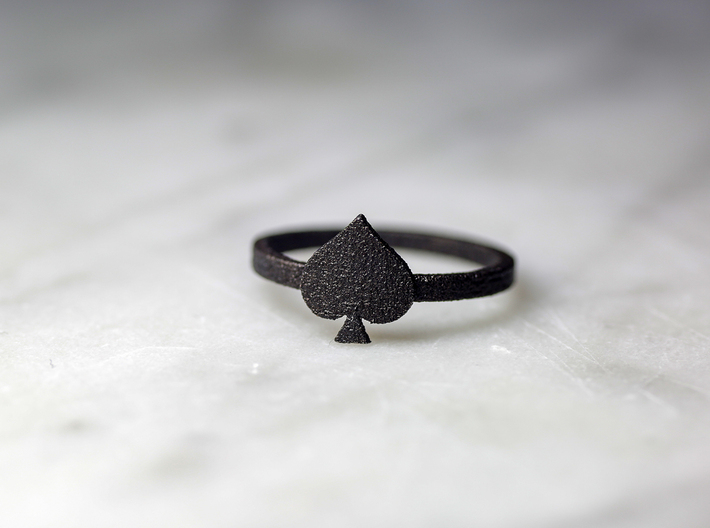 Spade Charm Ring, Matte Black Steel 3d printed