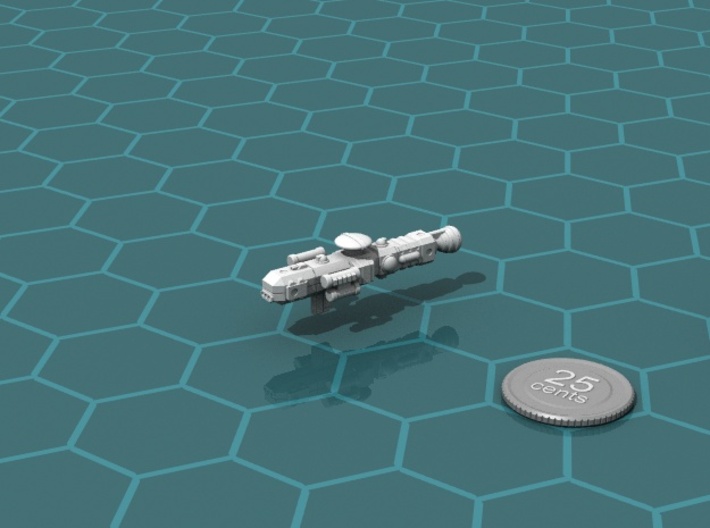 MCSF Picket Ship 3d printed Render of the model, with a virtual quarter for scale.