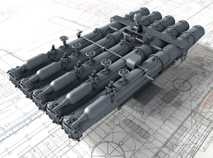 1/96 RN 21" Pentad Torpedo Tubes w. Round Shield 3d printed 3d render showing Mount detail