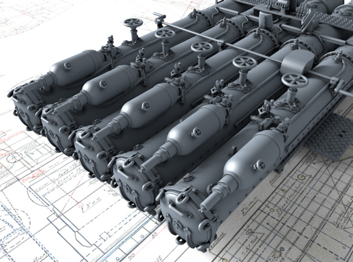 1/72 RN 21" Pentad Torpedo Tubes w. Round Shield 3d printed 3d render showing Mount detail