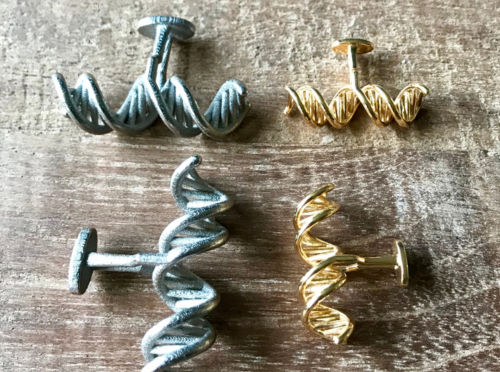 Small DNA Cufflinks 3d printed Comparing 18k gold-plated Small DNA Cufflinks to the larger DNA cufflinks in Nickel steel: http://shpws.me/GA2Y