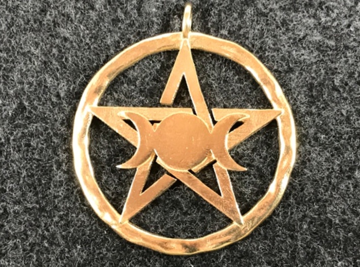 Pentacle with triple Goddess pendant 3d printed The Triple Moon Pentacle pendant in natural (unpolished) brass.