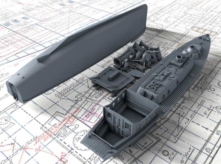 1/200 Royal Navy 50ft Steam Pinnace x1 3d printed 3D render showing kit parts