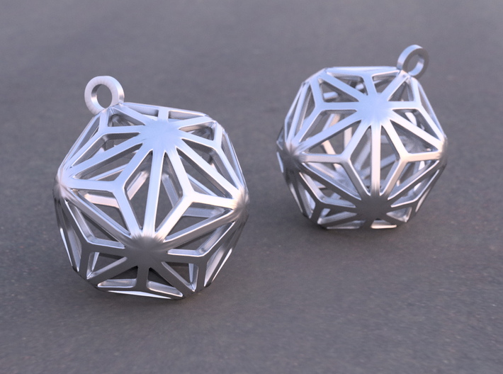 Triakis Icosahedron Earrings 3d printed Example rendering of earrings in Rhodium