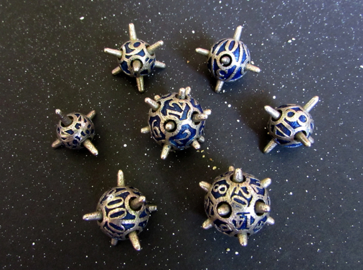 Sputnik Dice Set With Decader 3d printed In Stainless Steel and inked