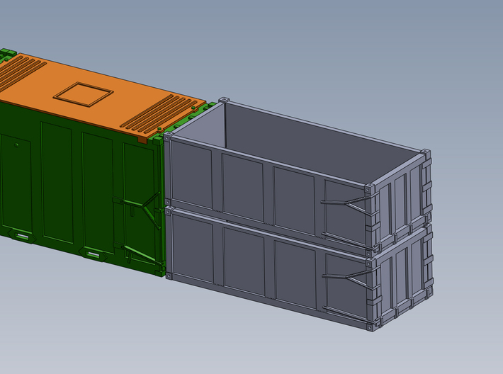 HO 1/87 EPIC Trash container 3-rib 3d printed CAD  render, shown with one of my other MSW type containers.