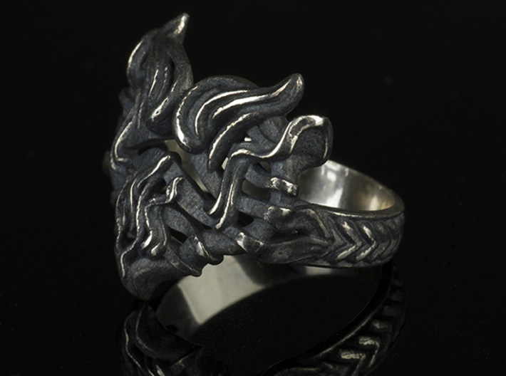 Flaming Burning Heart Ring 3d printed Photo of Heart on Fire ring in Antique Silver.