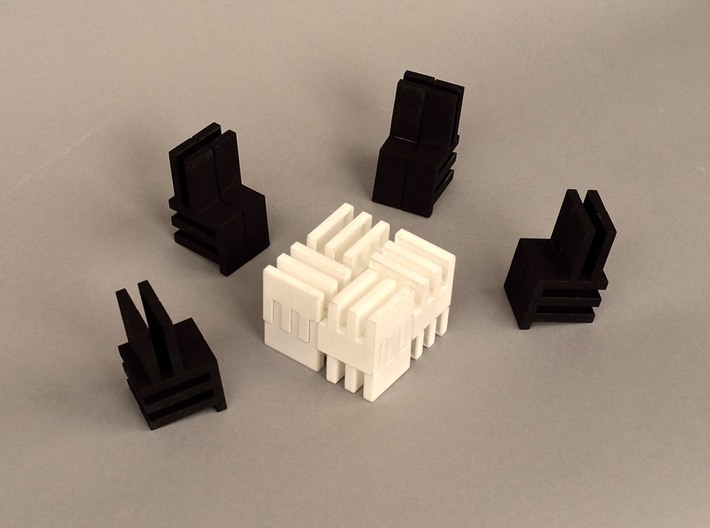 Puzzle Cube, Negative (black) pieces 3d printed reassembled as doll house furniture