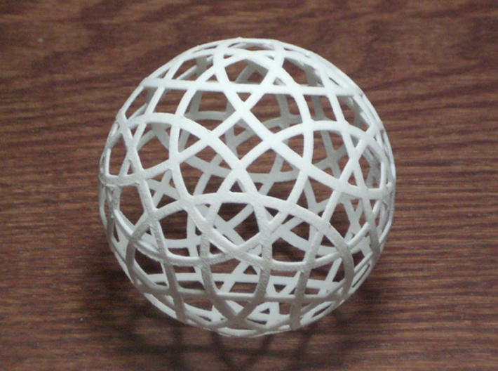 Stripsphere20 3d printed strip sphere 20 - 20 strips parallel to regular icosahedron faces, shown in white strong and flexible plastic