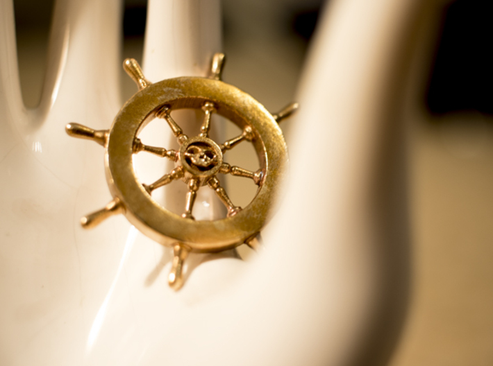 Pirate Ship Wheel Pendant 3d printed printed in natural bronze
