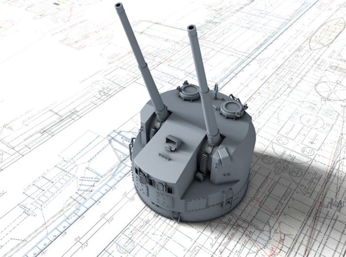 1/128 5.25"/50 (13.4 cm) QF Mark I Guns 1943 x4 3d printed 3D render showing adjustable Barrels