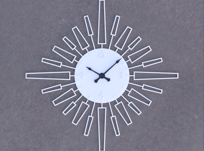Sunburst Clock - Velma 3d printed Render of clock face with hands added