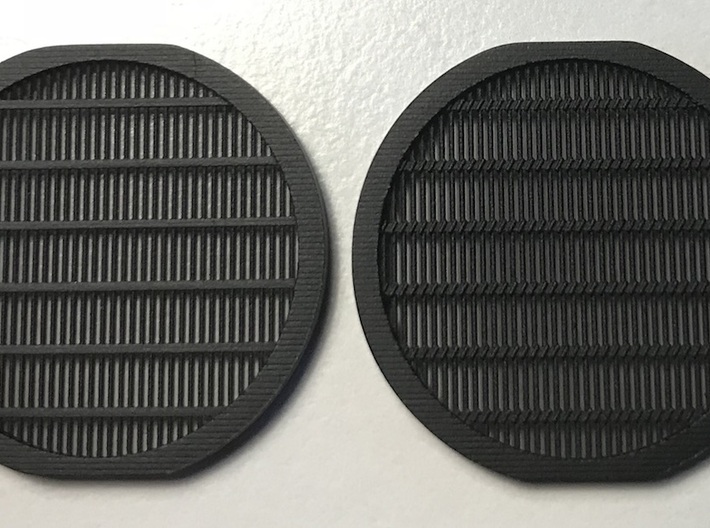 Perfect Grade Falcon 1:72 fan grilles, Koolshade 3d printed Left: plain version. Right: with simulated Koolshade (this version) Note: this was an earlier print with just slightly tighter bar spacing