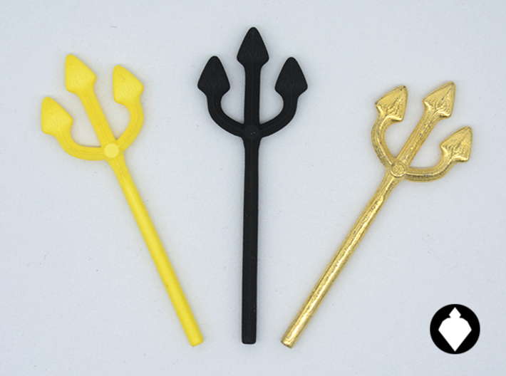 BSD Pitchfork 3d printed Samples: Yellow Plastic, Black Plastic and Gold Steel