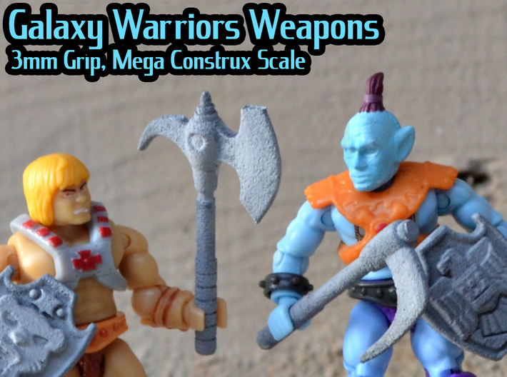 Galaxy Warriors Weapons (Mega Construx) 3d printed Hand painted white versatile, shown with shields (sold separately)