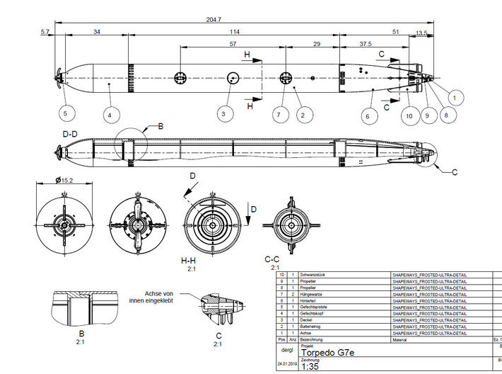 Kleinteile Torpedo G7e 1:35 3d printed 