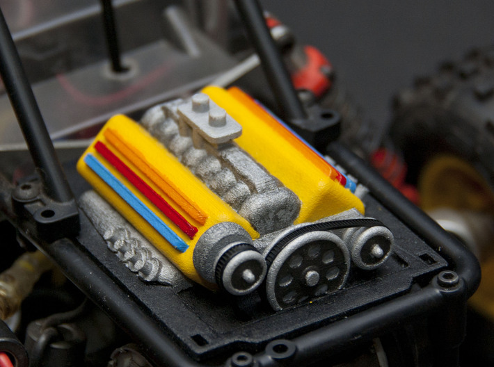 Kyosho Beetle V2 Engine - Modular Exhausts and Int 3d printed painted and sitting in cage area