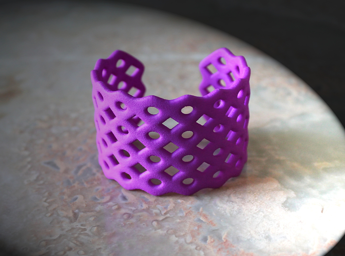 Circles & Squares Cuff (Size M) 3d printed Printed in Purple Polished Strong & Flexible Plastic