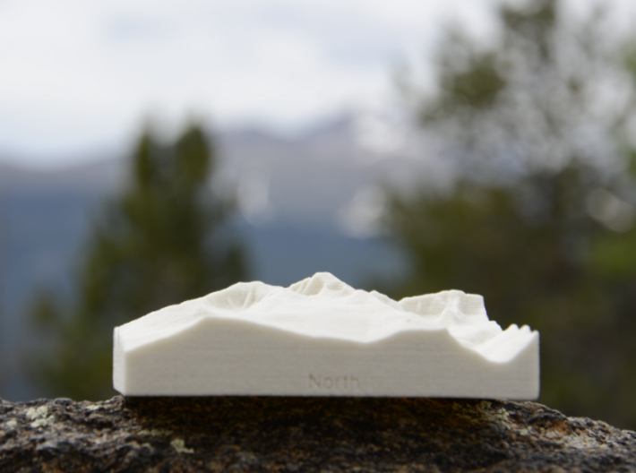 3'' Longs Peak, Colorado, USA, Sandstone 3d printed Photo of actual model in front of actual mountain, both viewed from the North.