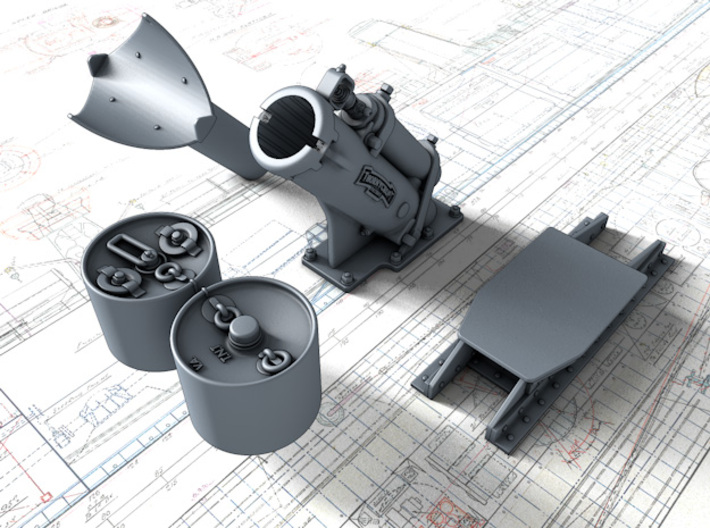1/128 Royal Navy MKII Depth Charge Throwers x2 3d printed 3d render showing product parts